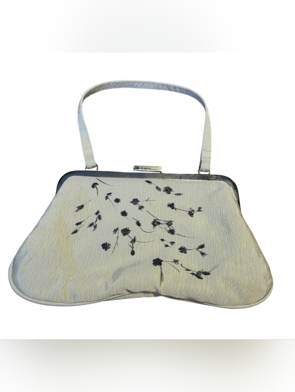 Ivory Satin Floral Clutch Kiss Lock Frame Top Handle Formal Bag